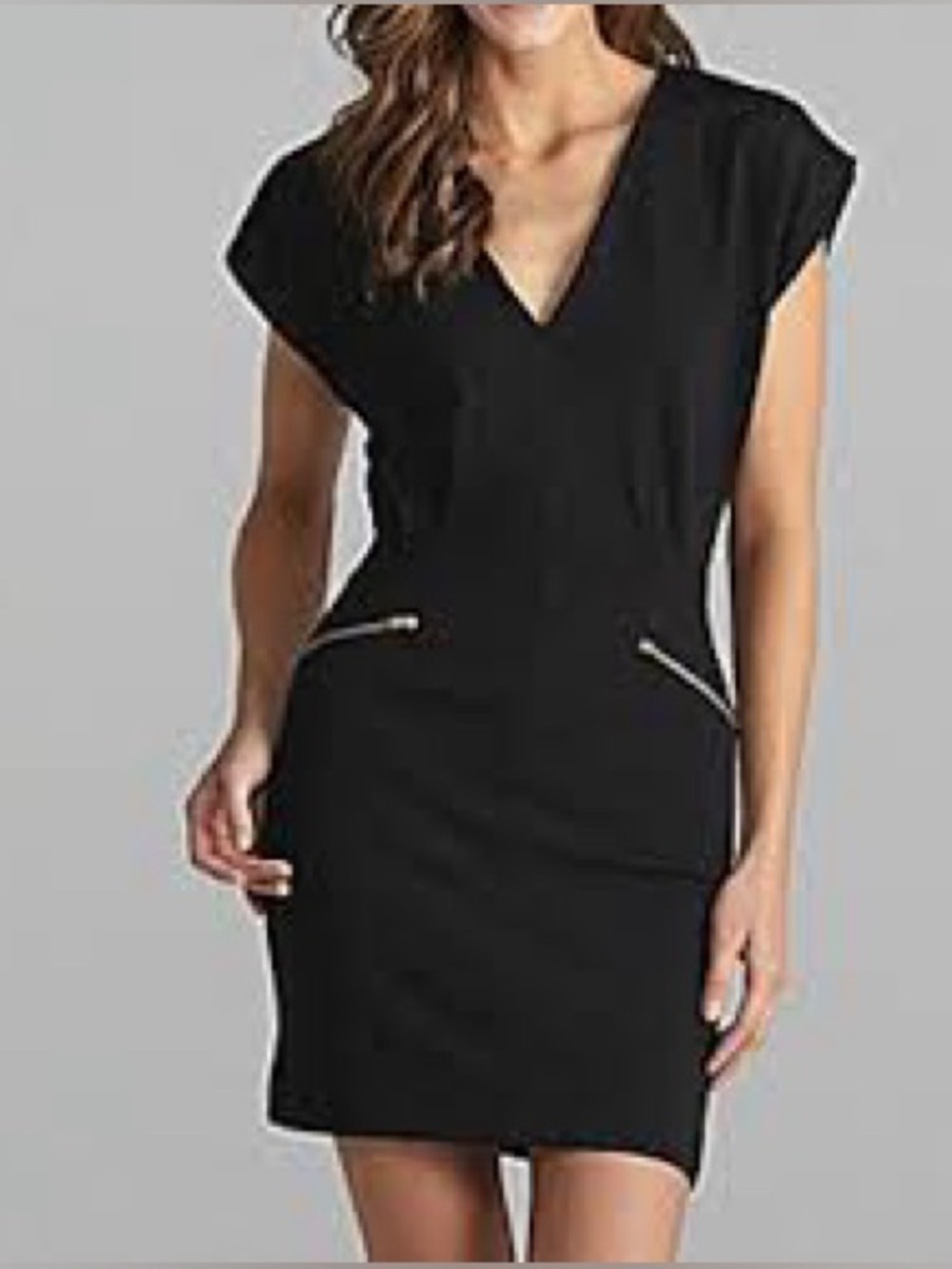 French Connection Black V-Neck Mini Dress with Zip Detail